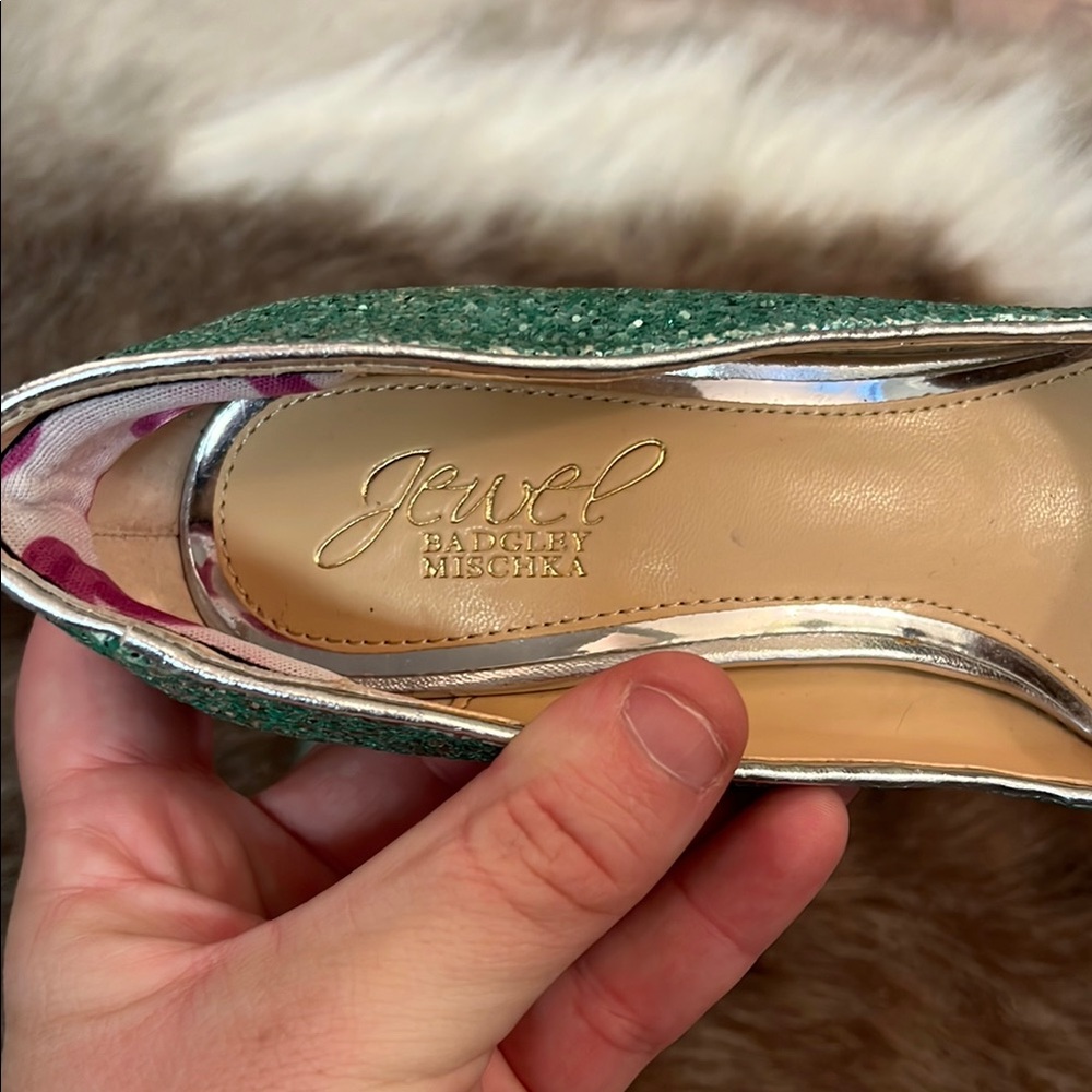 Badgley Mischka Green Glitter Women's Shoes - Picture 3 of 9